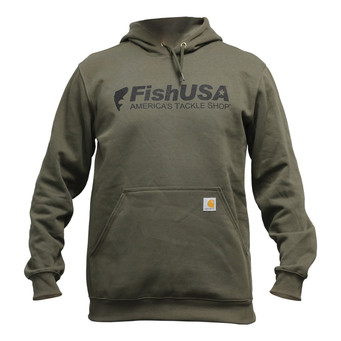 FishUSA Carhartt Covert Hoodie front view showing logo and kangaroo pocket in Moss color