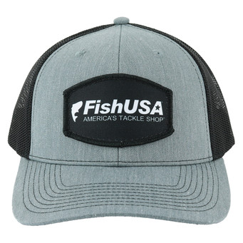 FishUSA Trucker Patch Hat front view with grey panels and black mesh