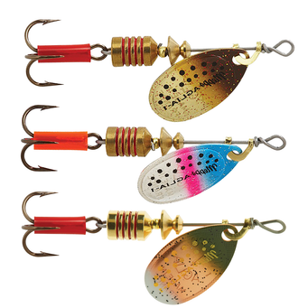 Mepps Plain Aglia Spinner Pak model ST1-A featuring colors Brown Trout, Brook Trout, and Rainbow Trout