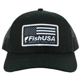 FishUSA Black Ops Trucker Hat, front view showing black panels and black mesh