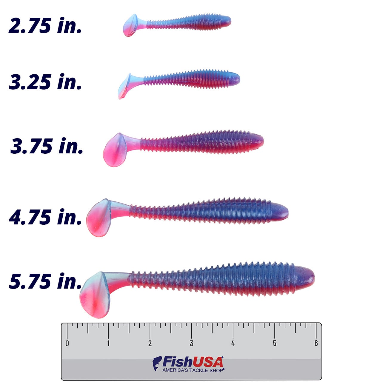 Strike King Rage Swimmer Soft Swimbait comparison of 2.75, 3.25, 3.75, 4.75, and 5.75 in. color Morning Dawn