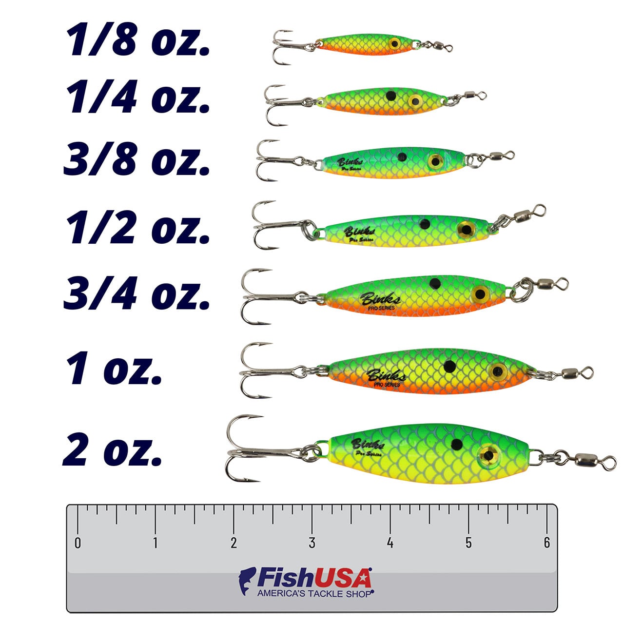Bink's Pro Series Spoon color Fire Tiger comparison of 1/8, 1/4, 3/8, 1/2, 3/4, 1, and 2 oz.