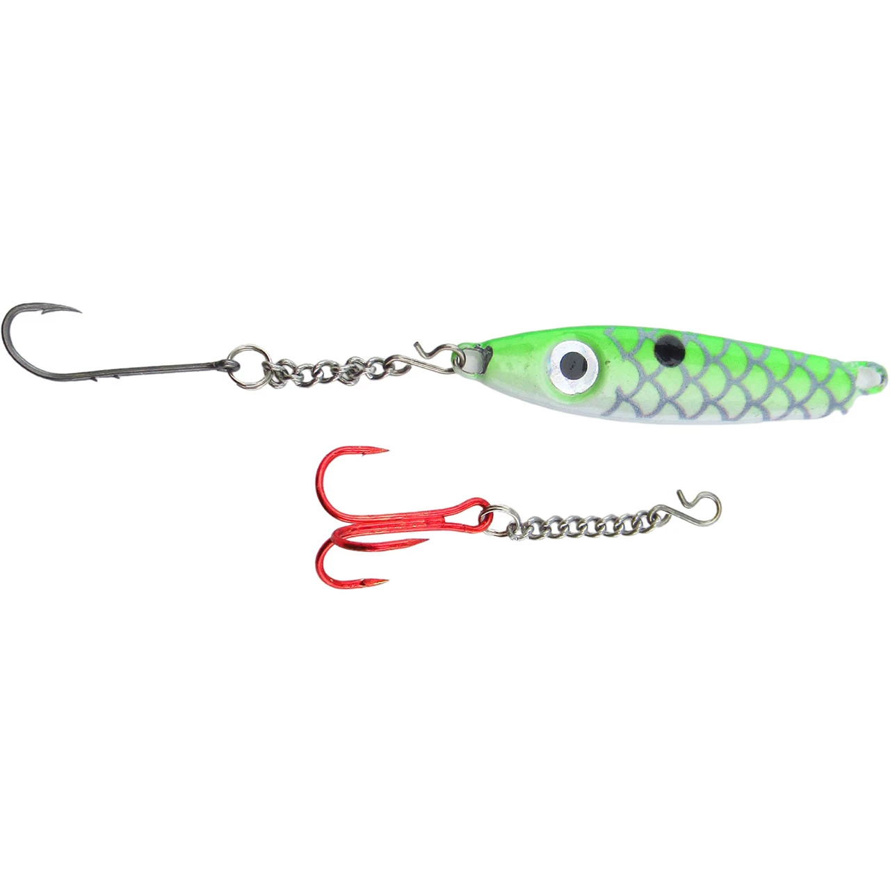 Bink's Ice Spoon with Chain Dropper Hooks color White Fluorescent Green Back