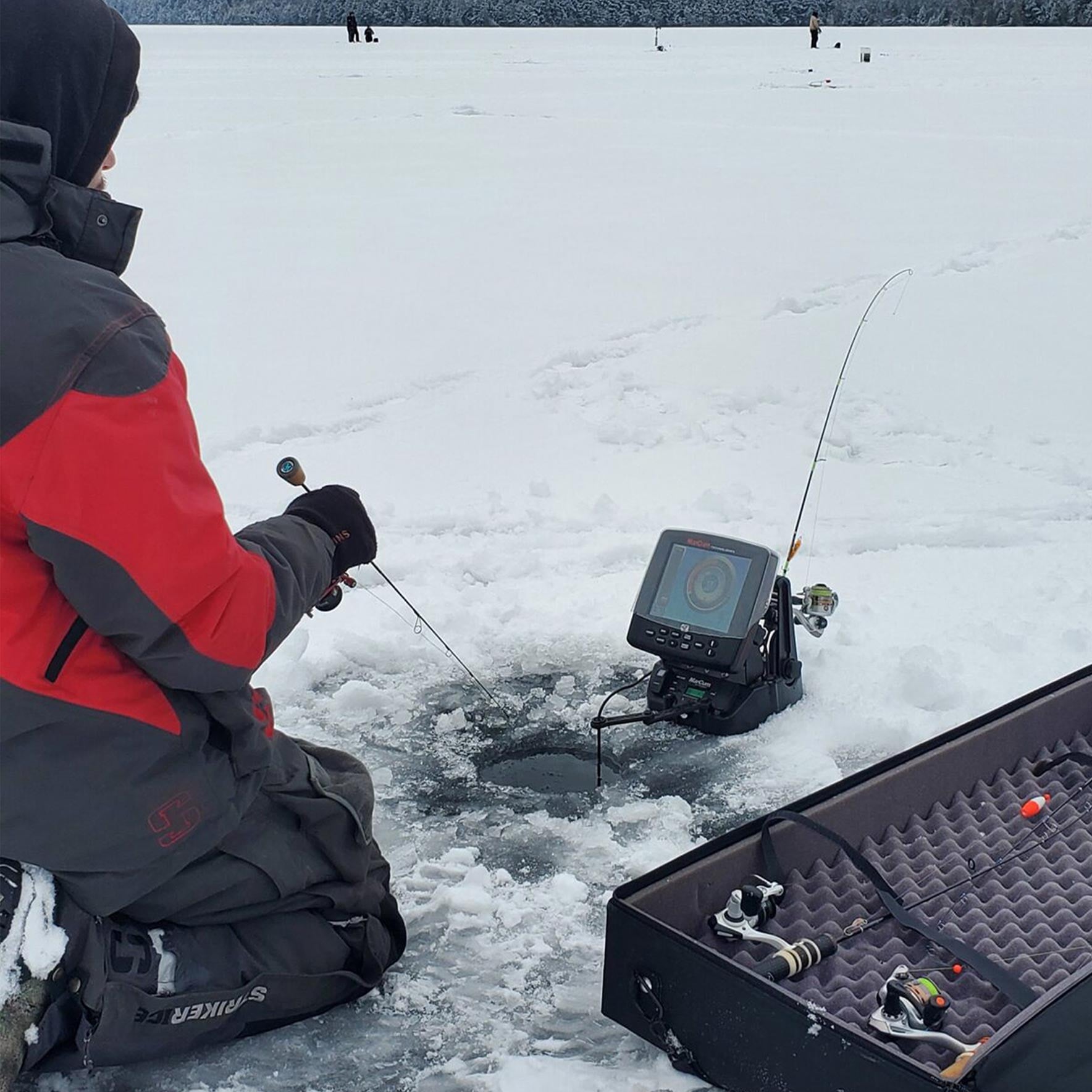 Lakewood Ice Rod Caddy in use by an angler ice fishing