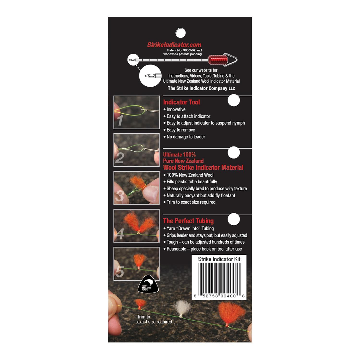 New Zealand Strike Indicator Tool Kit back of packaging showing instructions on how to use