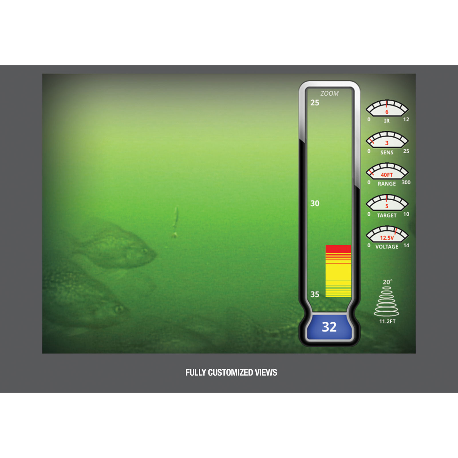 MarCum LX-9L Sonar Camera System with LiFePO4 12V10Ah Battery showing view underwater of school of fish