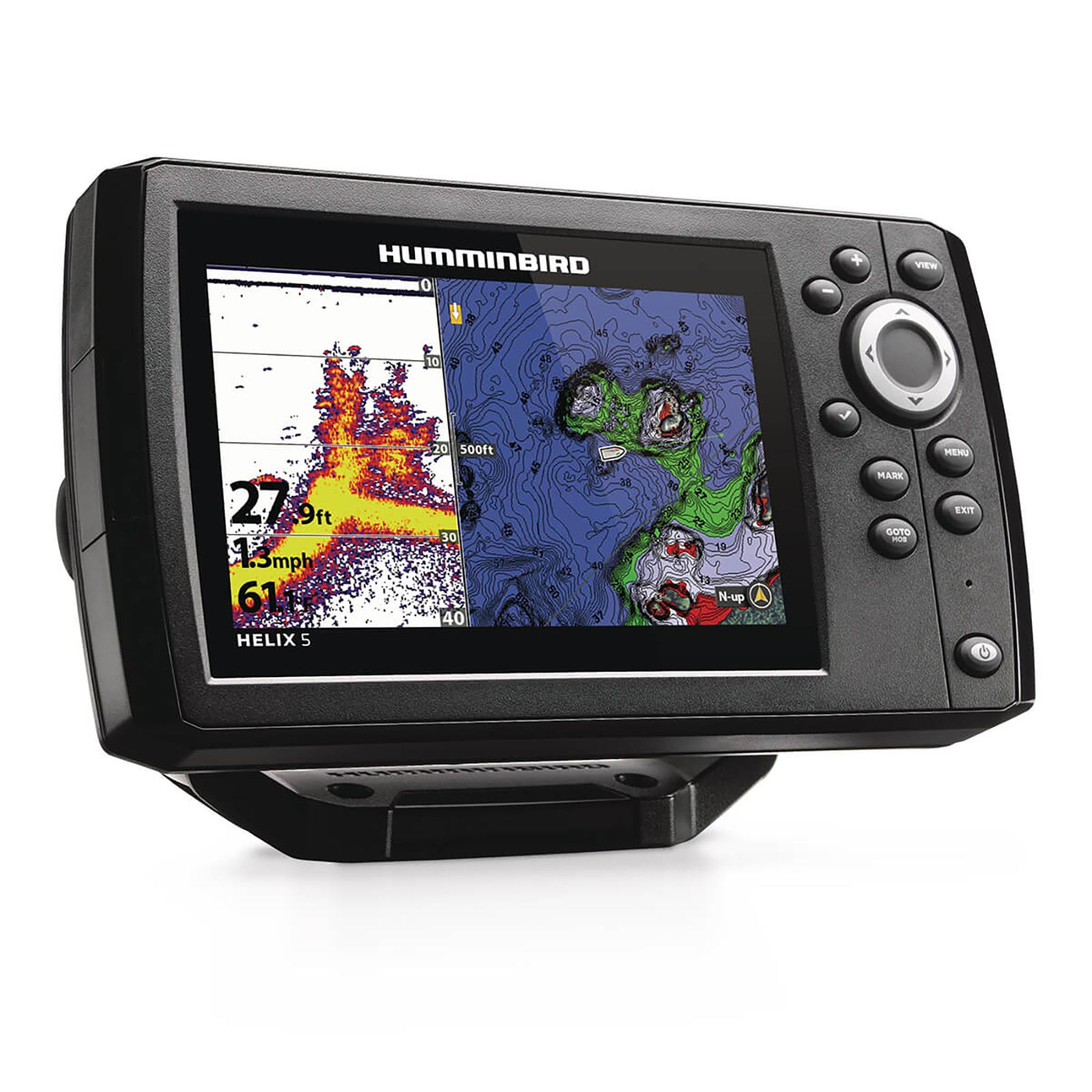 Humminbird HELIX 5 CHIRP GPS G3 Fish Finder right angled view split screen CHIRP sonar and contour map