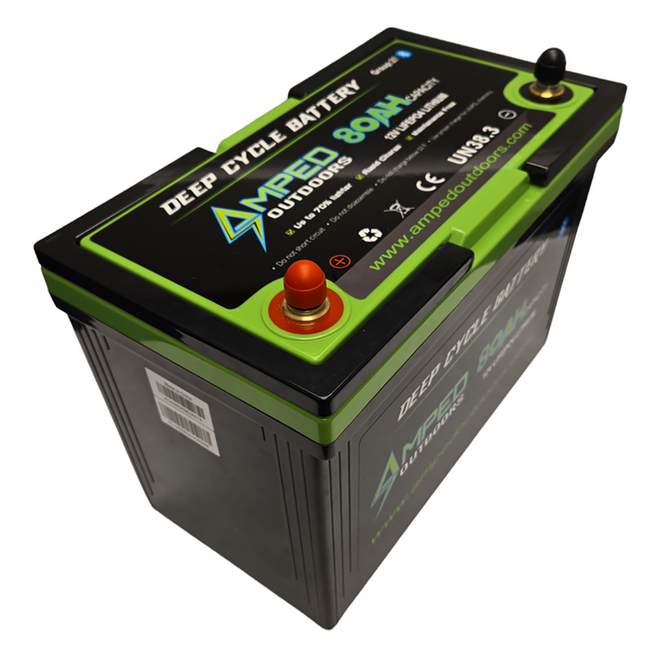 Amped Outdoors 12v 80Ah LiFePO4 Lithium Battery side and top angle