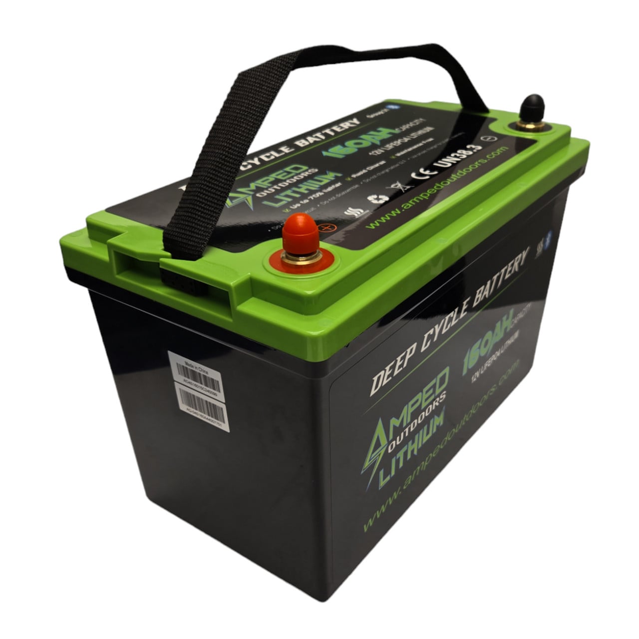 Amped Outdoors 12V 160Ah LiFePO4 Lithium Battery—Heated top and side angle