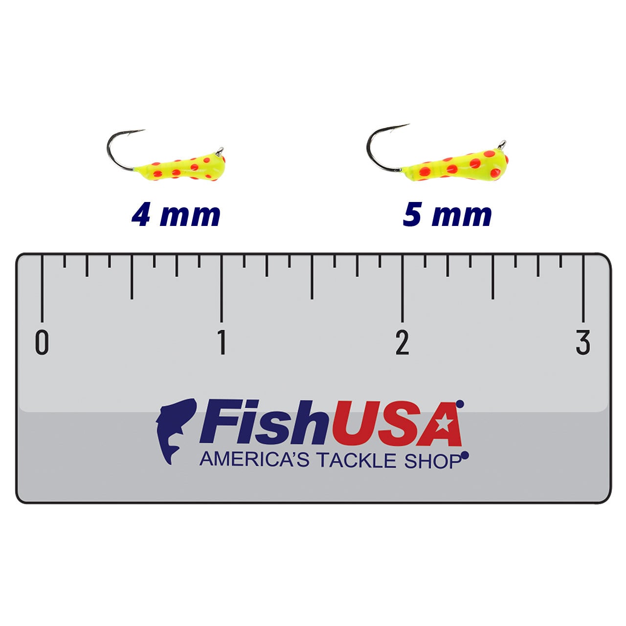 Widow Maker Lures Tungsten Glow DropLit Jig color Yellow Polka Dot Glow in both sizes (4 mm, 5 mm) above a 3 inch FishUSA ruler