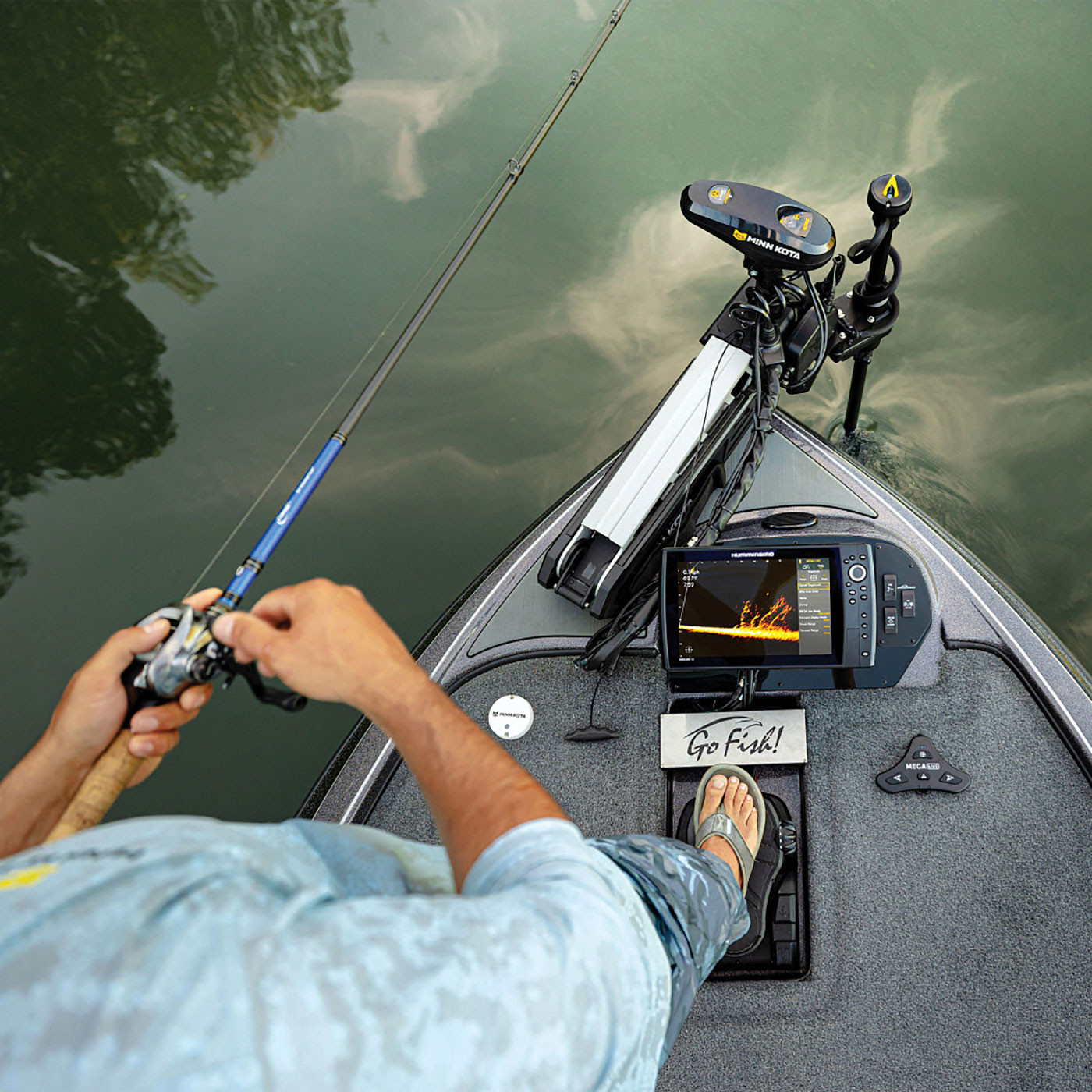 Angler's fishing POV overhead of Humminbird MEGA Live TargetLock - Ultrex 45-52 in. at bow of boat (screen not included)
