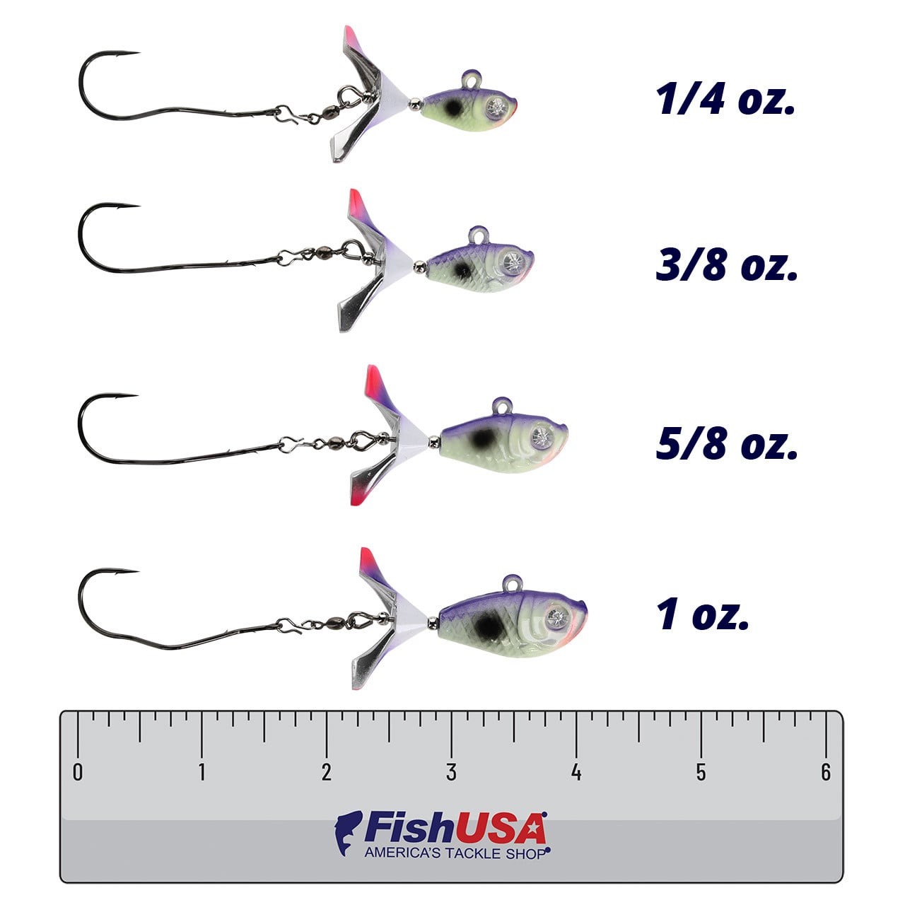 Kalin's Google Eye Tungsten Search Bait color Glow Red Grape in all sizes (1/4 oz., 3/8 oz., 5/8 oz., 1 oz.) above a 6 inch FishUSA ruler