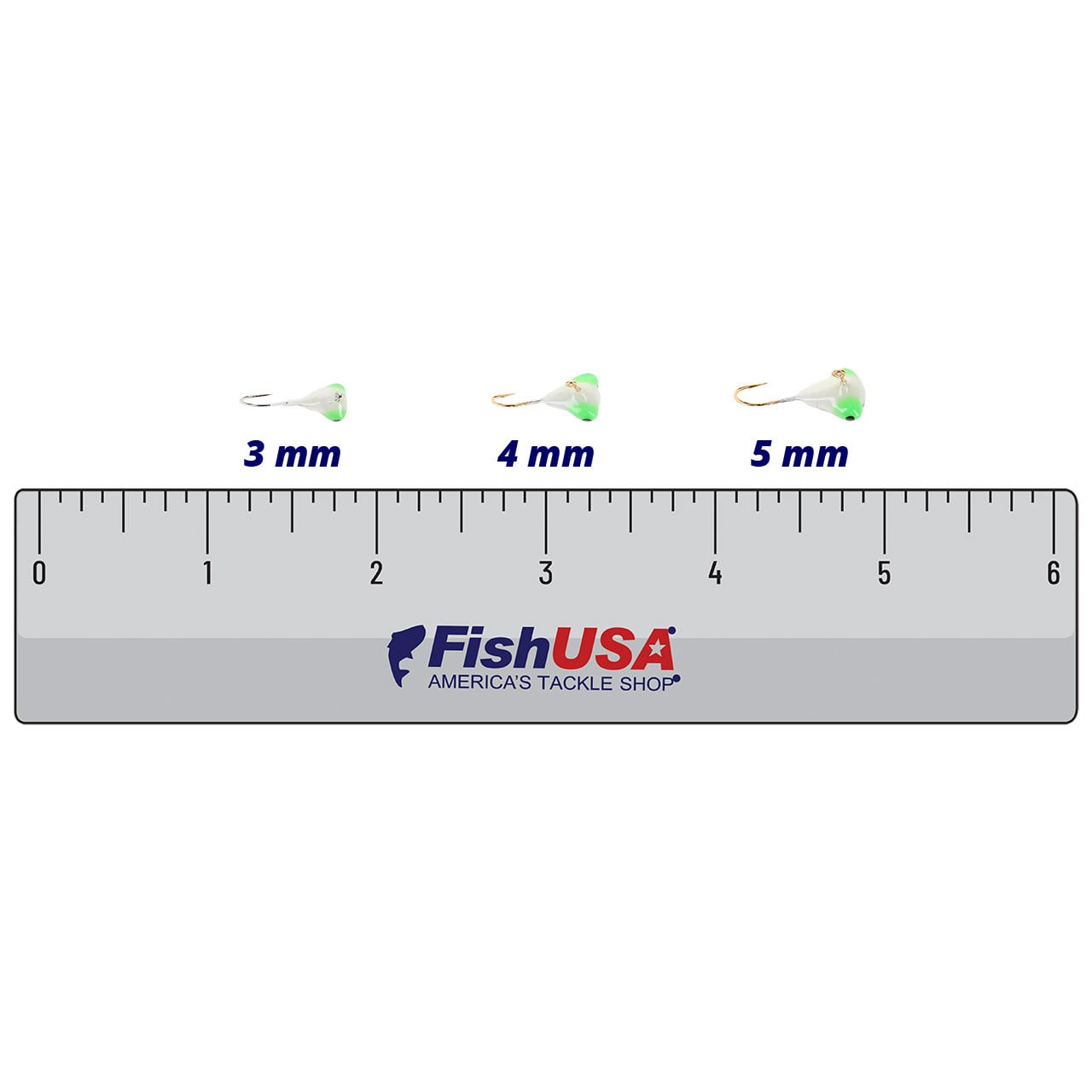ADK Custom Tungsten Jigs color Hell Boy in all sizes (3 mm, 4 mm, 5 mm) above a 6 inch FishUSA ruler
