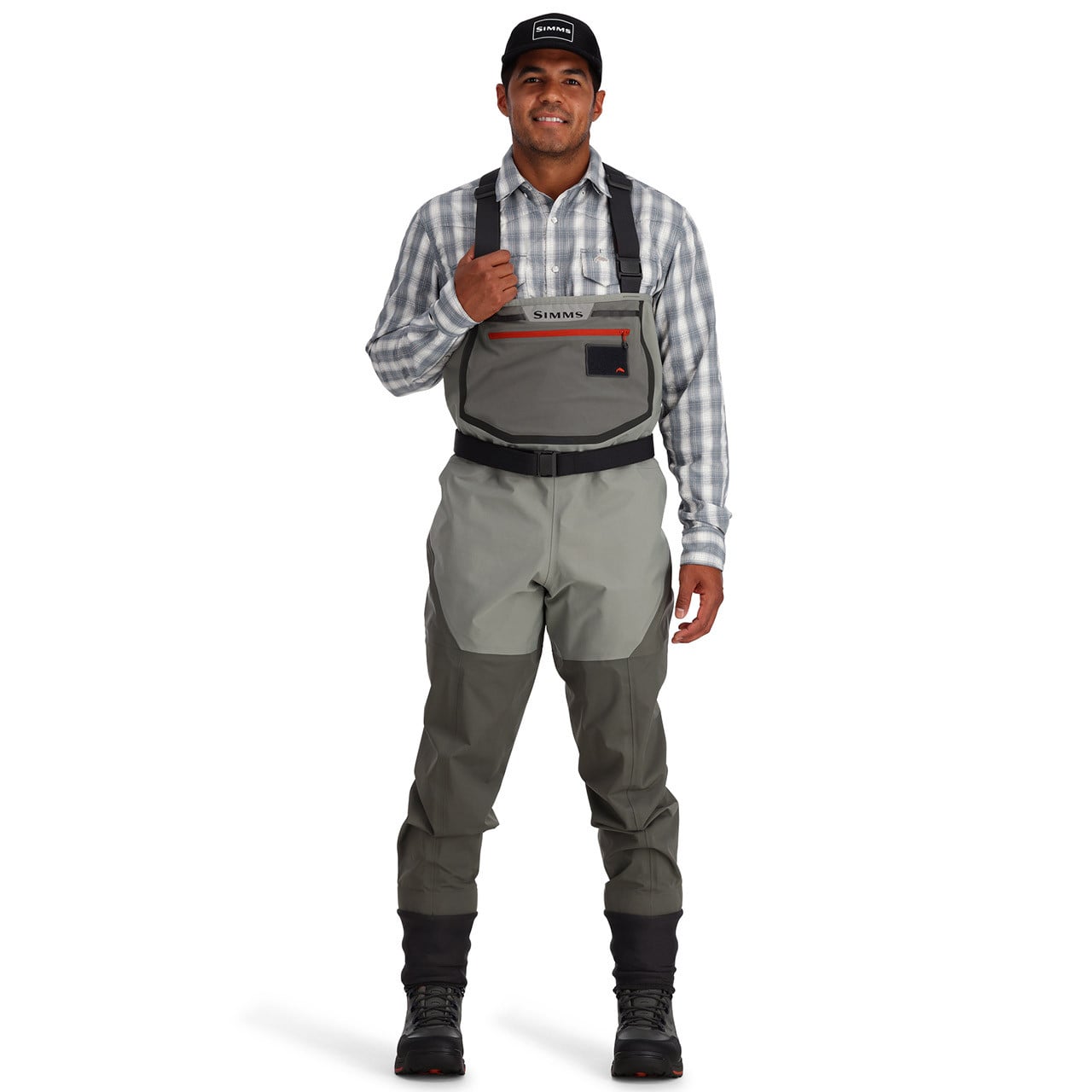 Simms Men's Freestone Stockingfoot Chest Waders front view on model Smoke color