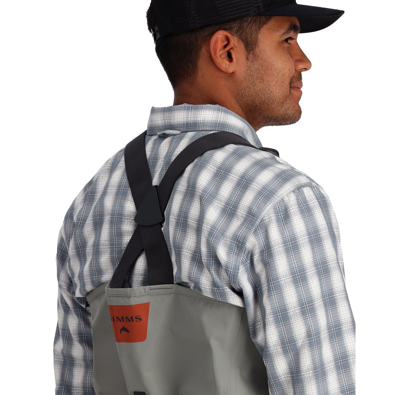 Simms Men's Freestone Stockingfoot Chest Waders suspenders back view on model close up