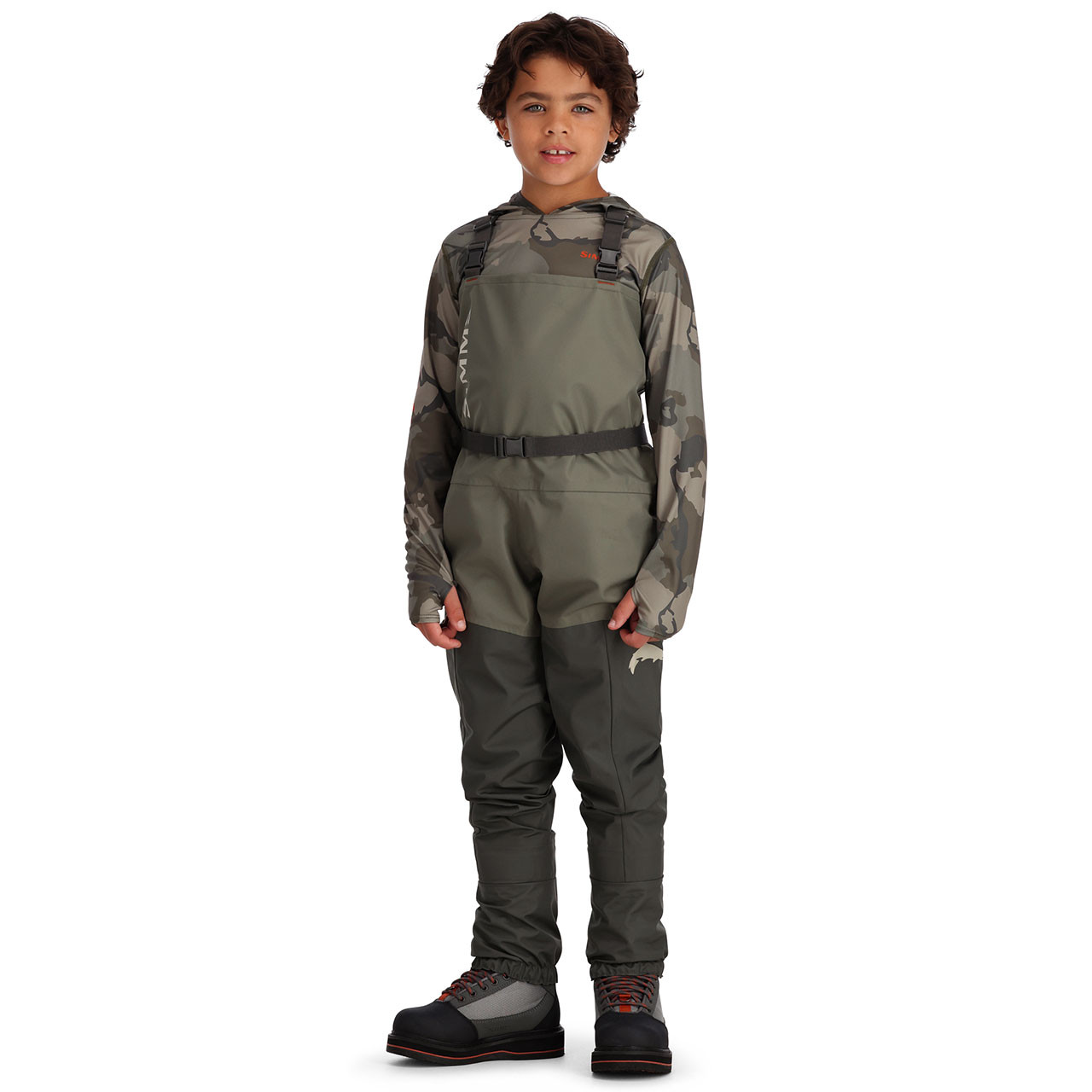 Simms Kid's Tributary Stockingfoot Chest Waders on model front view Basalt color