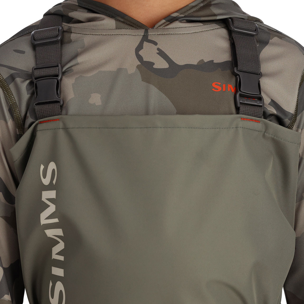 Simms Kid's Tributary Stockingfoot Chest Waders Suspenders close up Basalt color