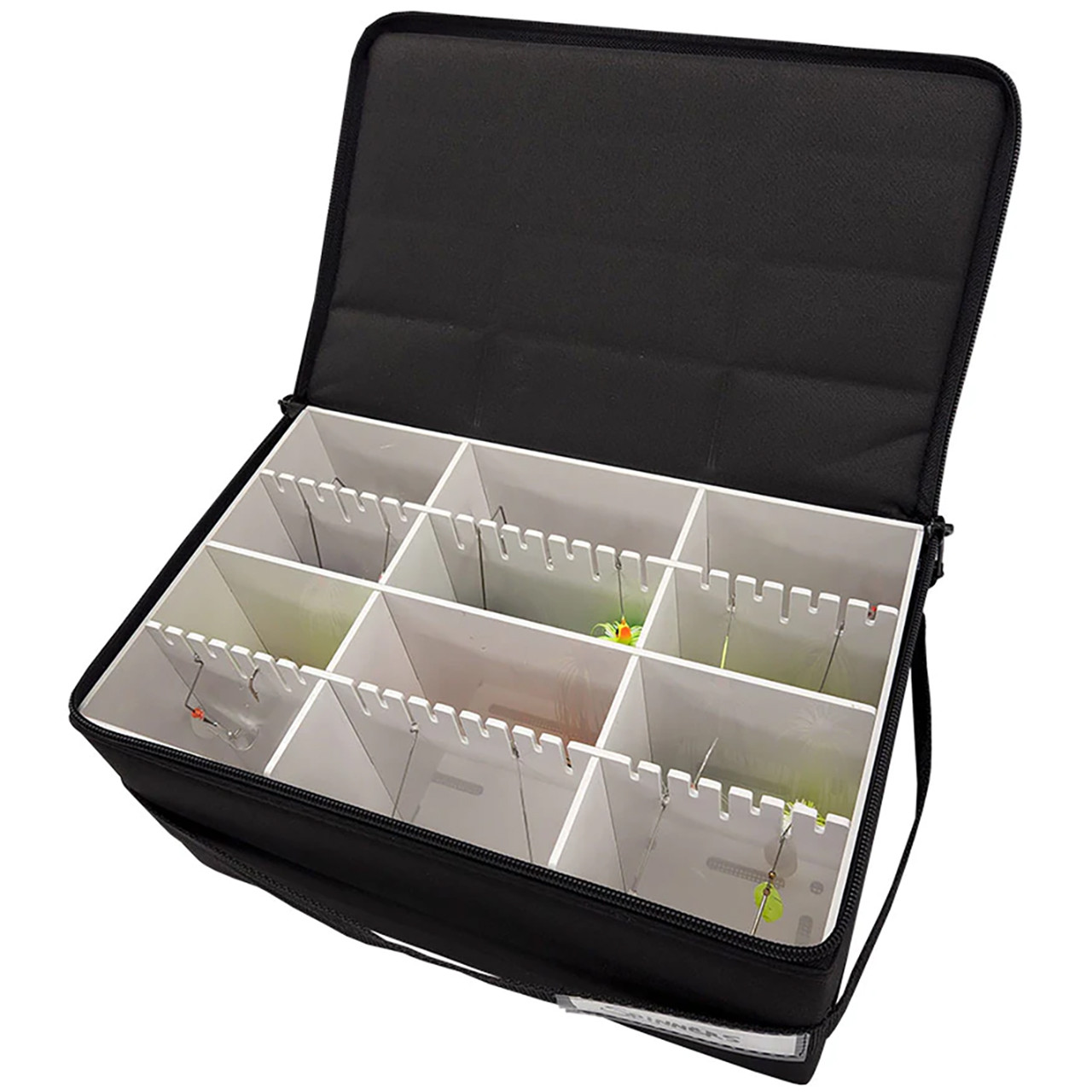 Lakewood Spinnerbait Deposit Box open  view showing dividers, compartments and hook slots