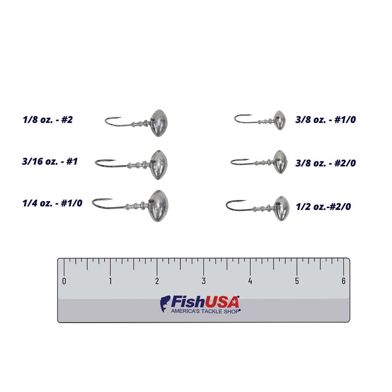 BKK Silent Chaser Football Head Jighead size comparison of sizes 1/8 oz.-#2, 3/16 oz.-#1, 1/4 oz.-#1/0, 3/8 oz.-#1/0, 3/8 oz.-#2/0, 1/2 oz.-#2/0 using 6 inch ruler
