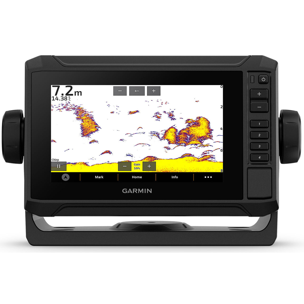 Garmin ECHOMAP UHD2 64sv Navionics+ US Coastal & Great Lakes Mapping front white color palette and fish arches