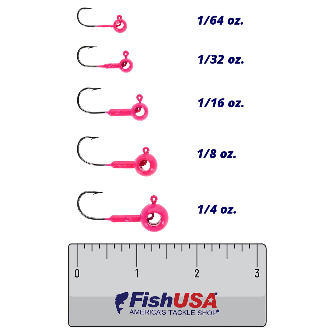 Leland's Lures Crappie Magnet Eyehole Round Jig Head color Pink in all sizes (1/64 oz., 1/32 oz., 1/16 oz., 1/8 oz., 1/4 oz.) above a 3 inch FishUSA ruler