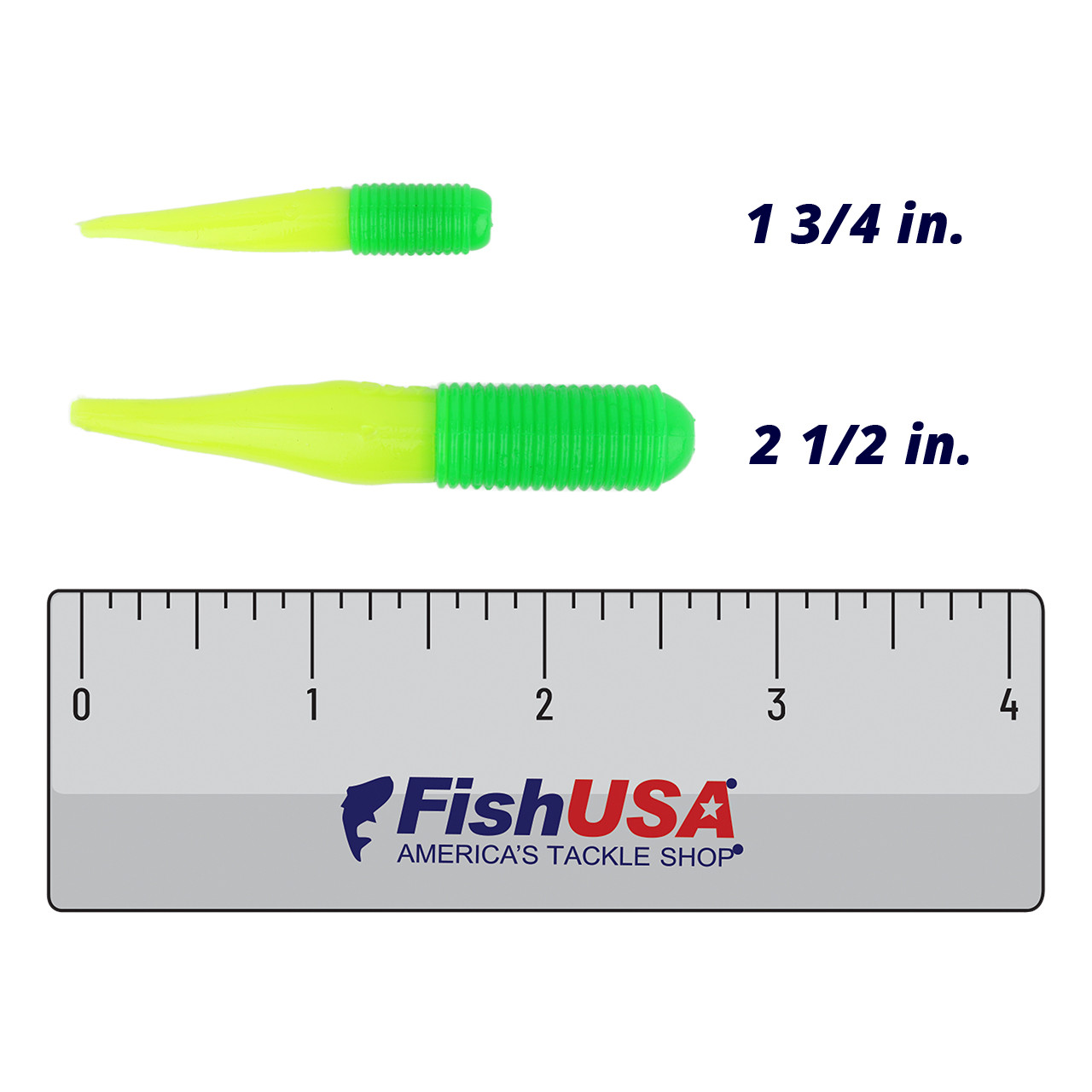 ACC Crappie Snax The Shank color Goblin in both sizes (1 3/4 in., 2 1/2 in.) above a 4 inch FishUSA ruler