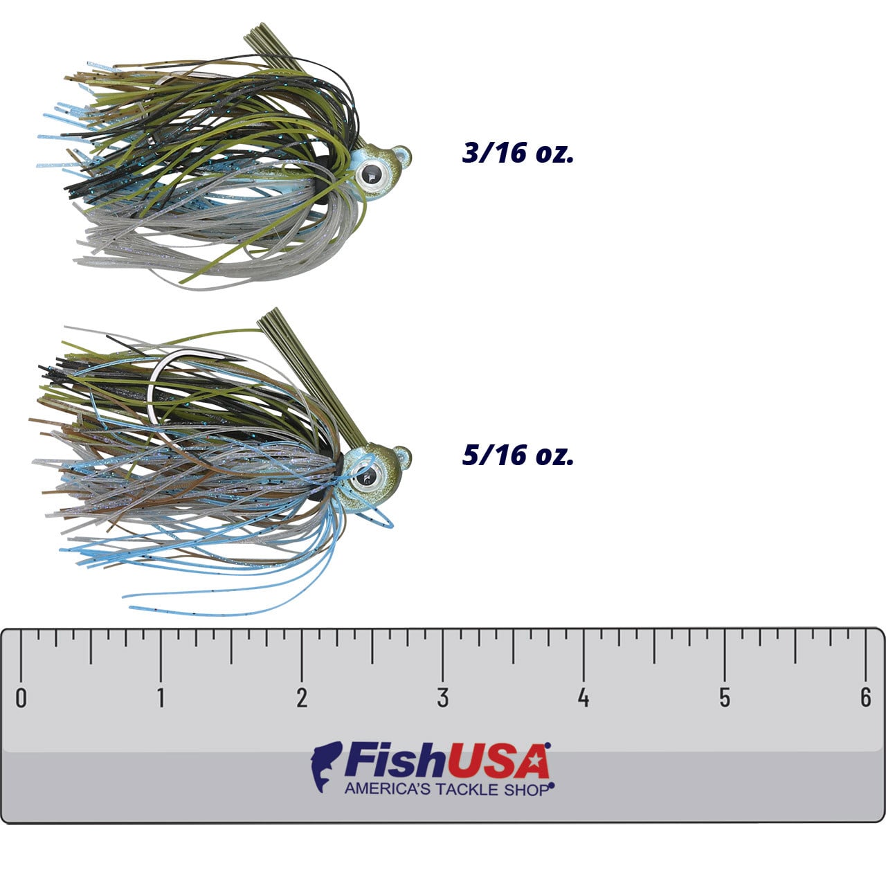 Missile Baits Ike's Mini Swim Jig Ike's Secret color 3/16 oz. and 5/16 oz. Size Comparison with FishUSA Ruler