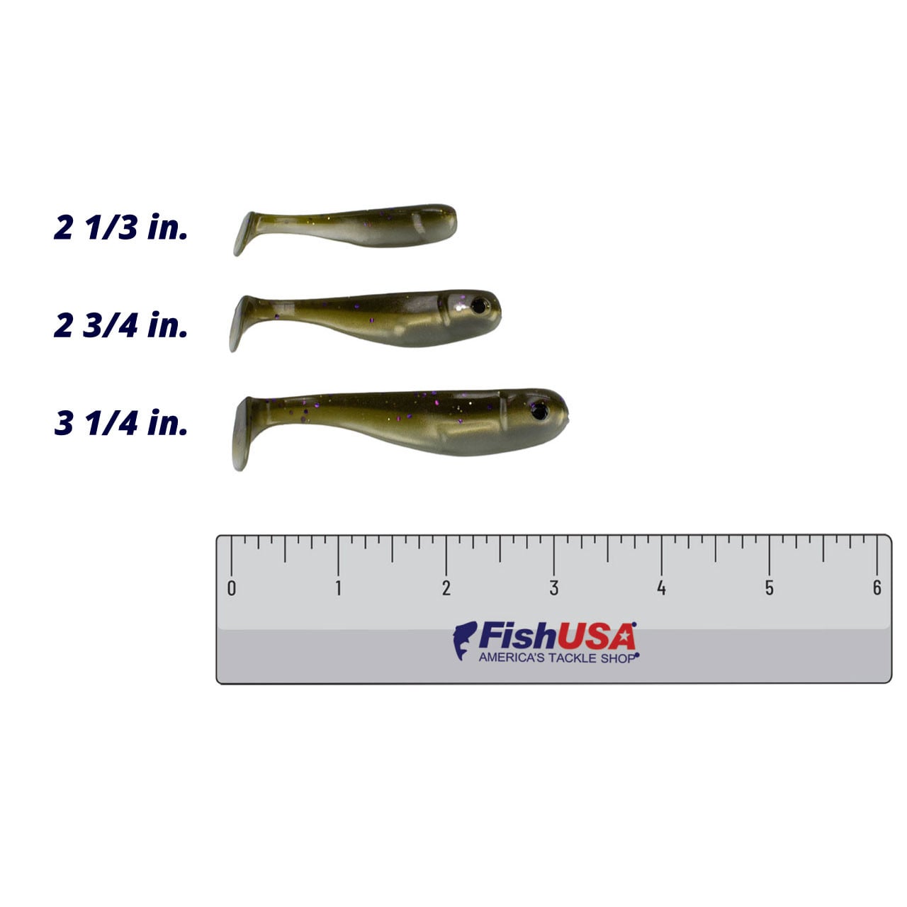 Big Joshy Swimbaits Minnow Soft Bait comparison sizes 2 1/3 in, 2 3/4 in and 3 1/4 in in color Bass Candy using 6 inch ruler