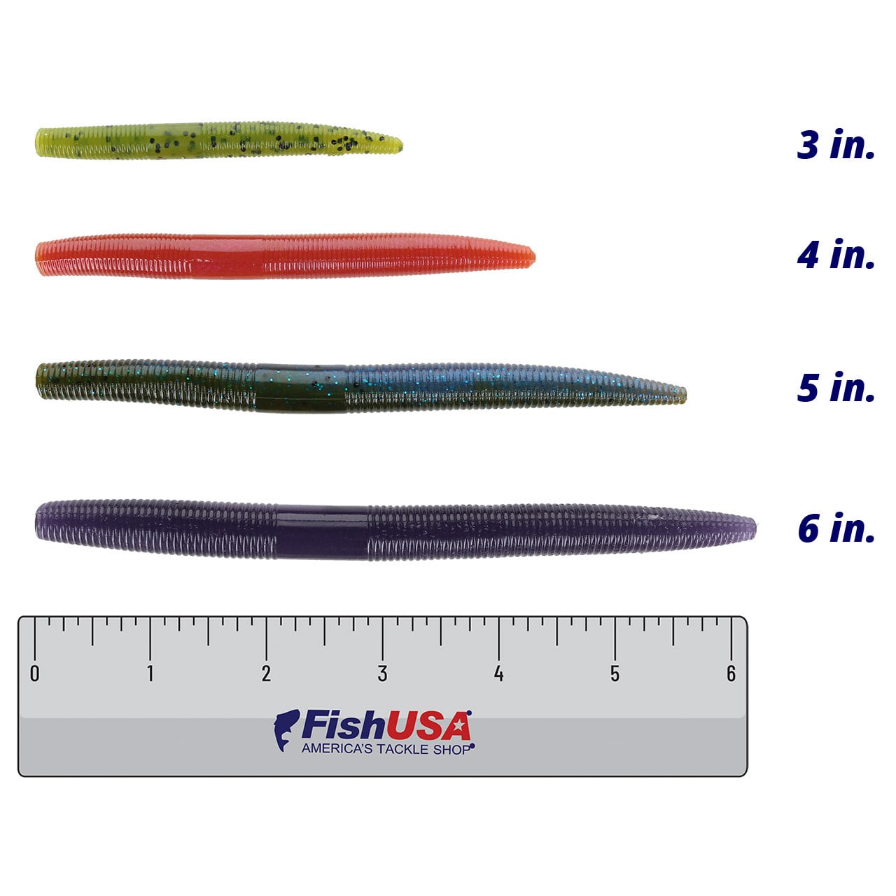 YUM Dinger Soft Bait in all sizes 3 in. (Watermelon Seed), 4 in. (Heartache), 5 in. (Bream), 6 in. (Black Grape) above a 6 inch FishUSA Ruler