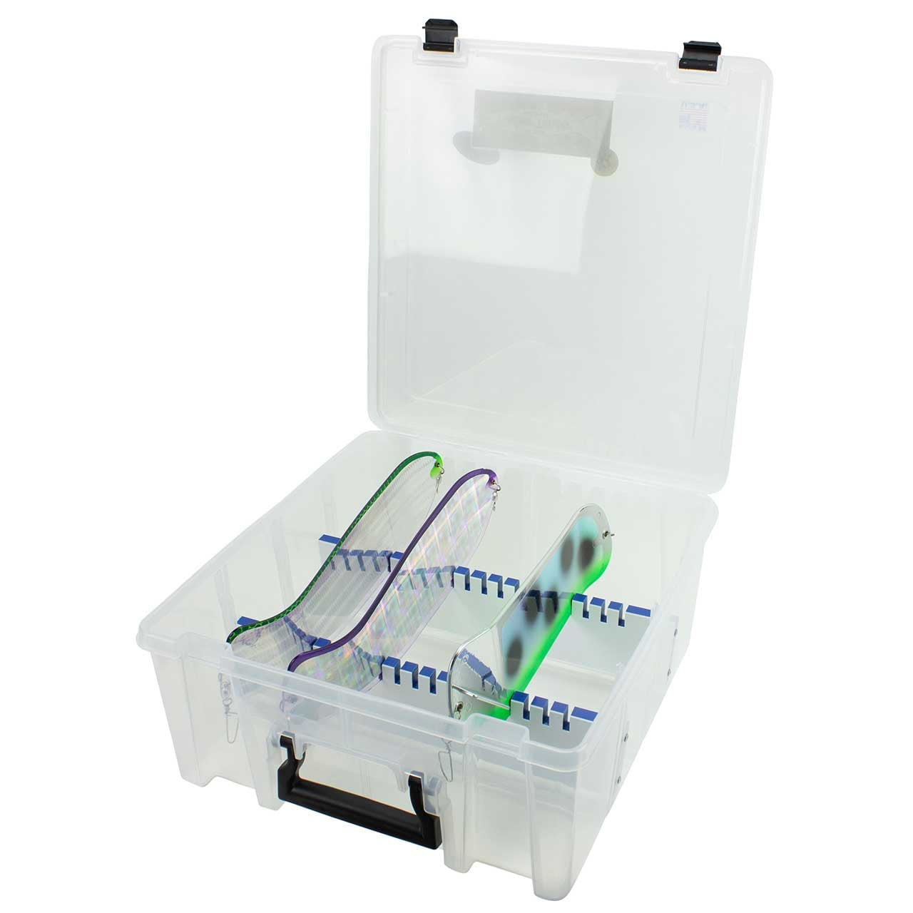 TLC Tackle Fish Flasher XL showing three fishing flashers (not included) in storage box, open view.