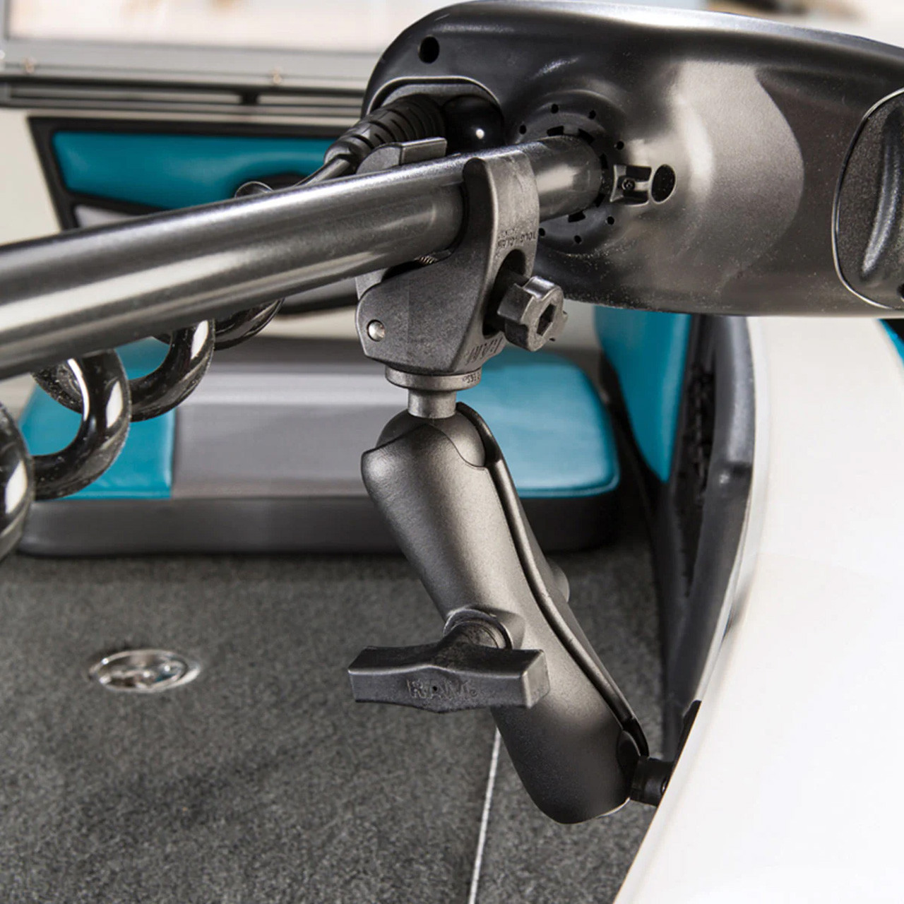 RAM Mounts Trolling Motor Stabilizer mounted onto a boat and clamped onto a trolling motor shaft