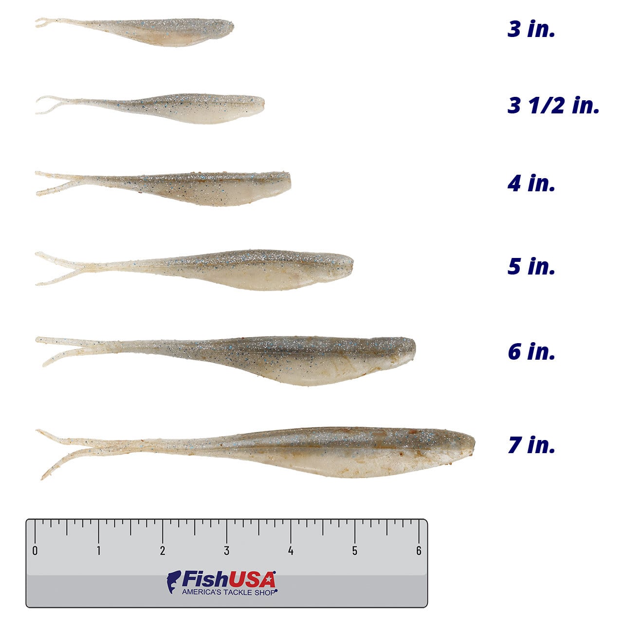 Z-Man Scented Jerk Shadz color Smokey Shad in all sizes (3 in., 3 1/2 in., 4 in., 5 in., 6 in., 7 in.) above a 6 inch FishUSA ruler