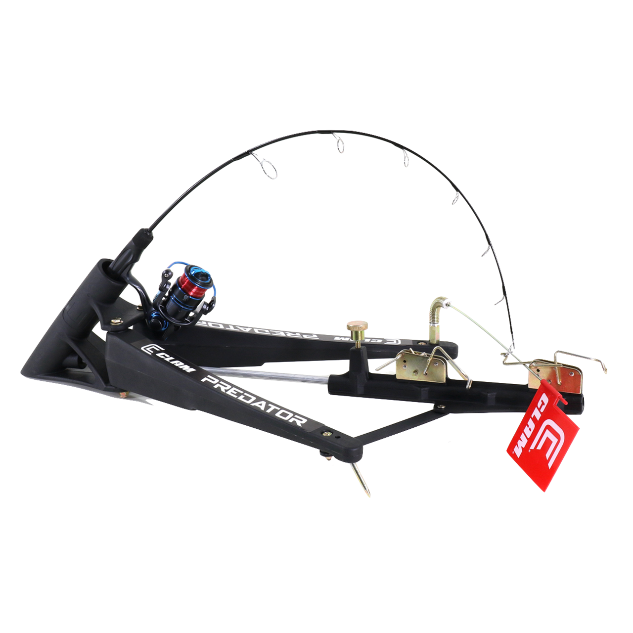 Clam Predator Tip-Up set with flag down and an ice rod bowed and ready for action