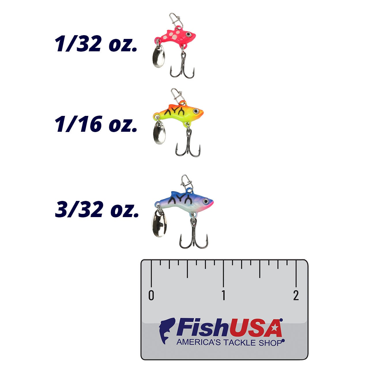 Clam Tikka Flash Pink Wonderbread Glow (1/32 oz) Orange Tiger Glow (1/16 oz) Rainbow Tiger Glow (3/32 oz) over FishUSA ruler