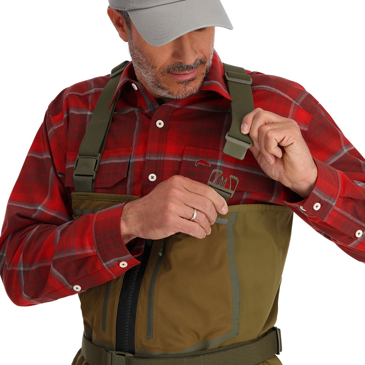Simms Freestone Z Bootfoot Chest Waders model adjusting stretch elastic suspenders
