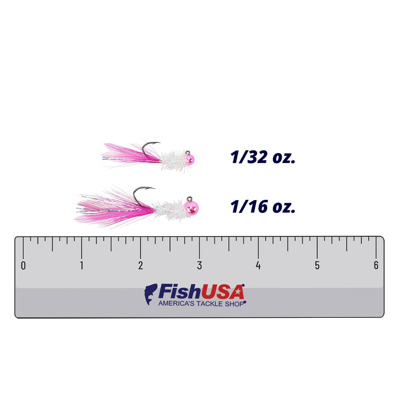 Comparison of Widow Maker Tungsten Shimmer Jig Pink/Pearl sizes 1/16 oz. and 1/32 oz. using FishUSA Ruler