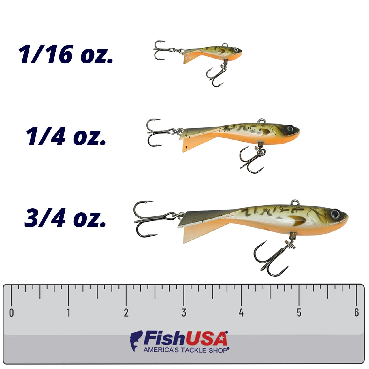 Eurotackle Z-Darter V2 color Goby comparison of 1/16 oz., 1/4 oz., 3/4 oz.