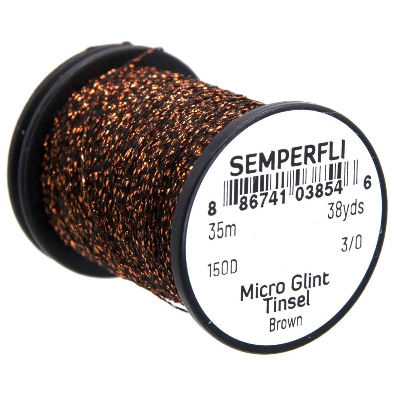 SemperFli Micro Glint Nymph Tinsel Brown color horizontal spool position label info 35m 38yds 150D 3/0