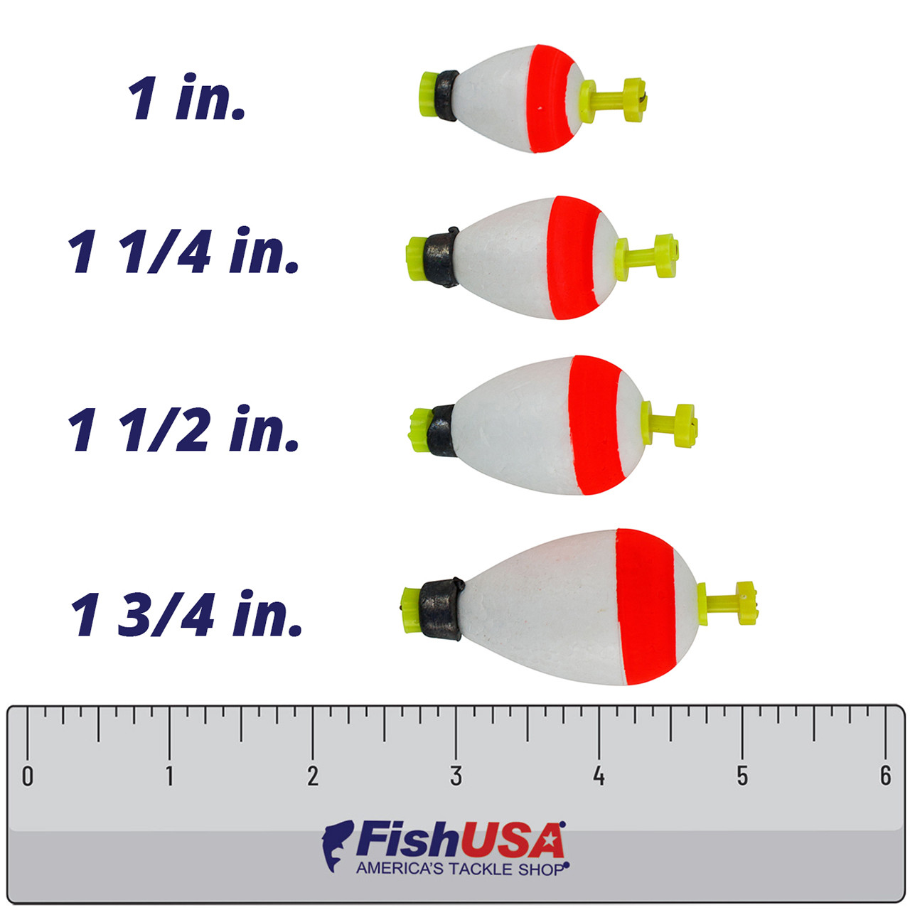 Thill Foam Pear Weighted Float - Snap On 1 in., 1 1/4 in., 1 1/2 in., and 1 3/4 in. size comparison over FishUSA ruler