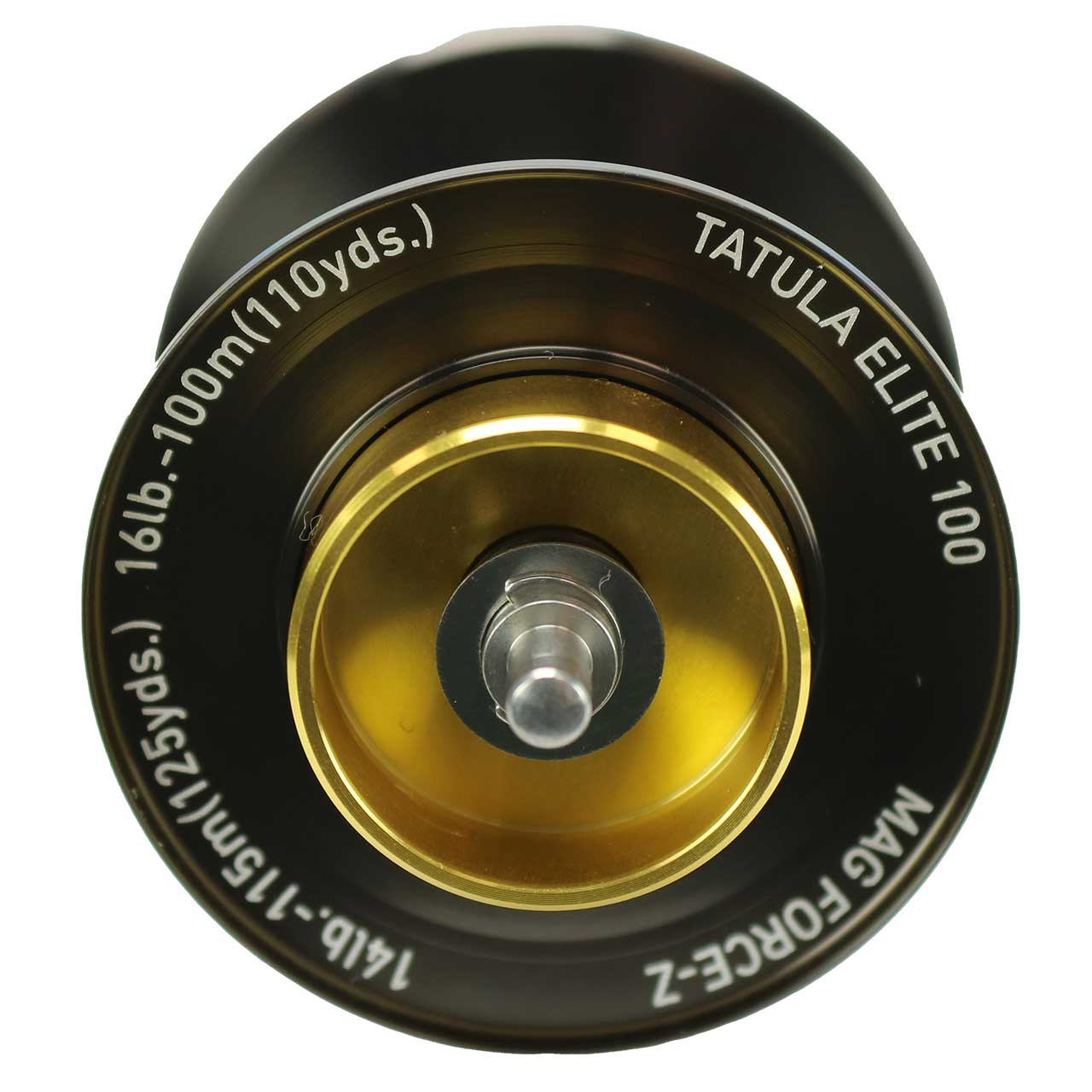 Daiwa Tatula Elite Spare Spool for 100 size baitcasting reel front view with line capacity specs