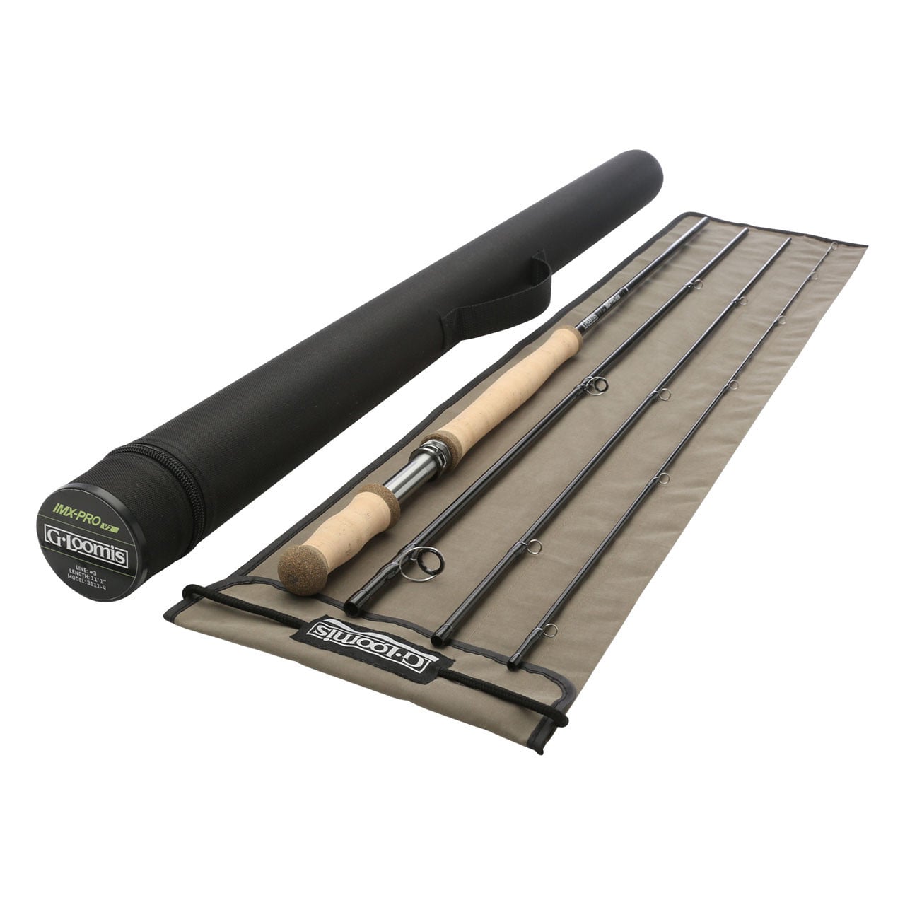 G. Loomis IMX-PRO V2 Shortspey Fly Rod pieces on top of cloth rod bag next to tube