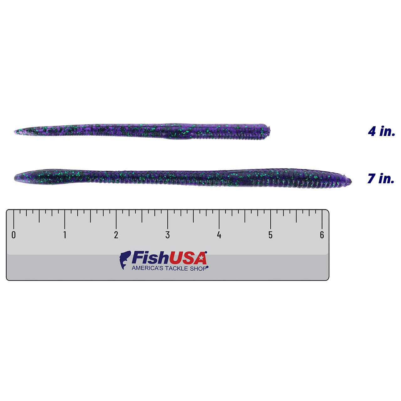 Z-Man Finesse Wormz color June Bug in both sizes (4 in., 7 in.) above a 6 inch FishUSA ruler