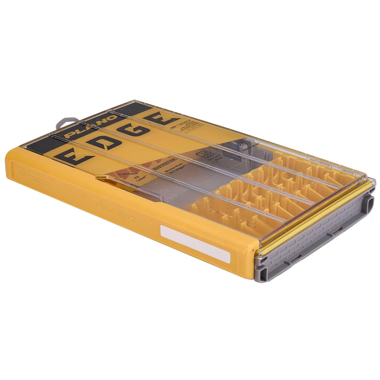 Plano EDGE 3700 Jerkbait Box closed transparent lid and EZ Label affixed to the tckle case's thin side