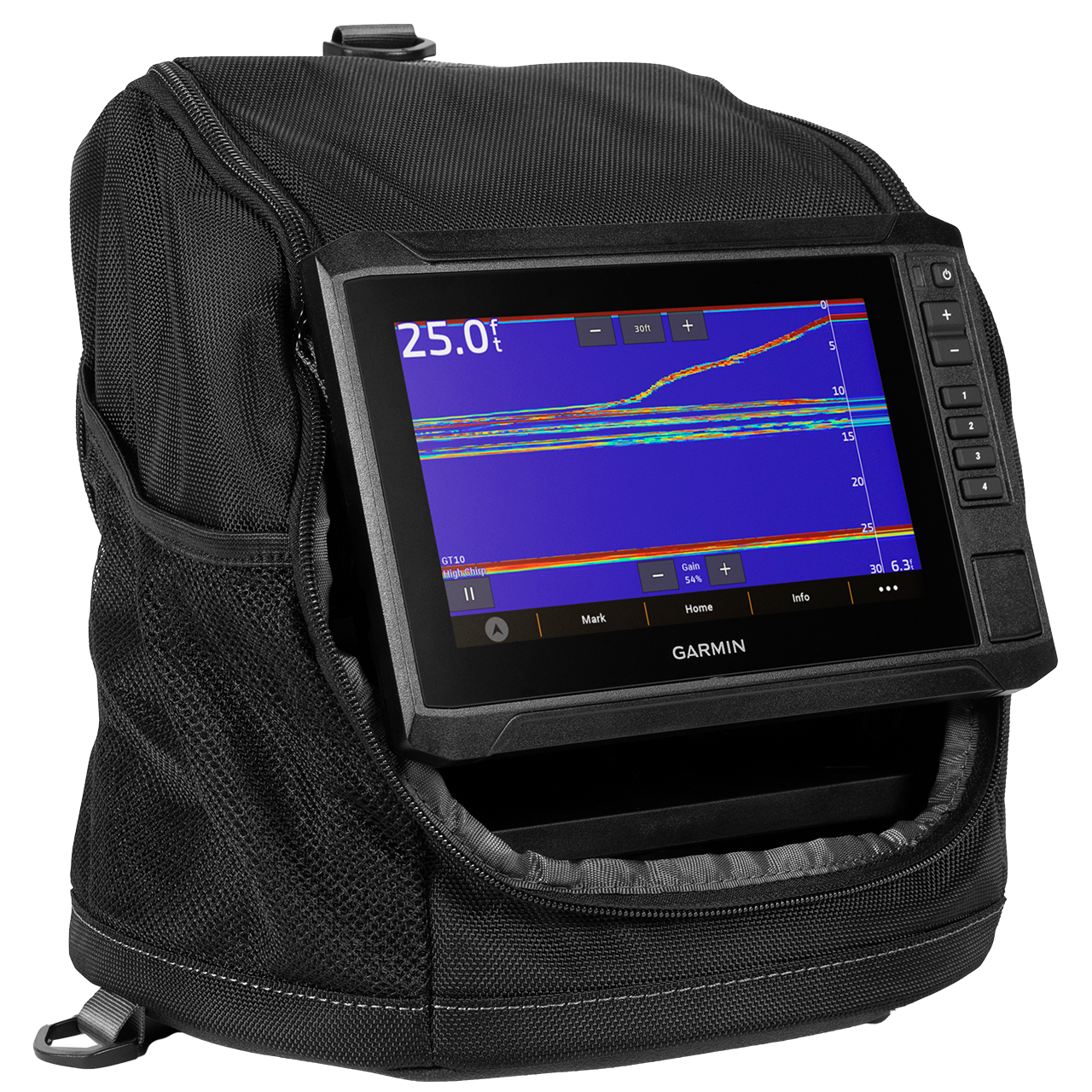 Garmin ECHOMAP UHD2 73sv Ice Fishing Bundle 1/4 turn right in carrying case