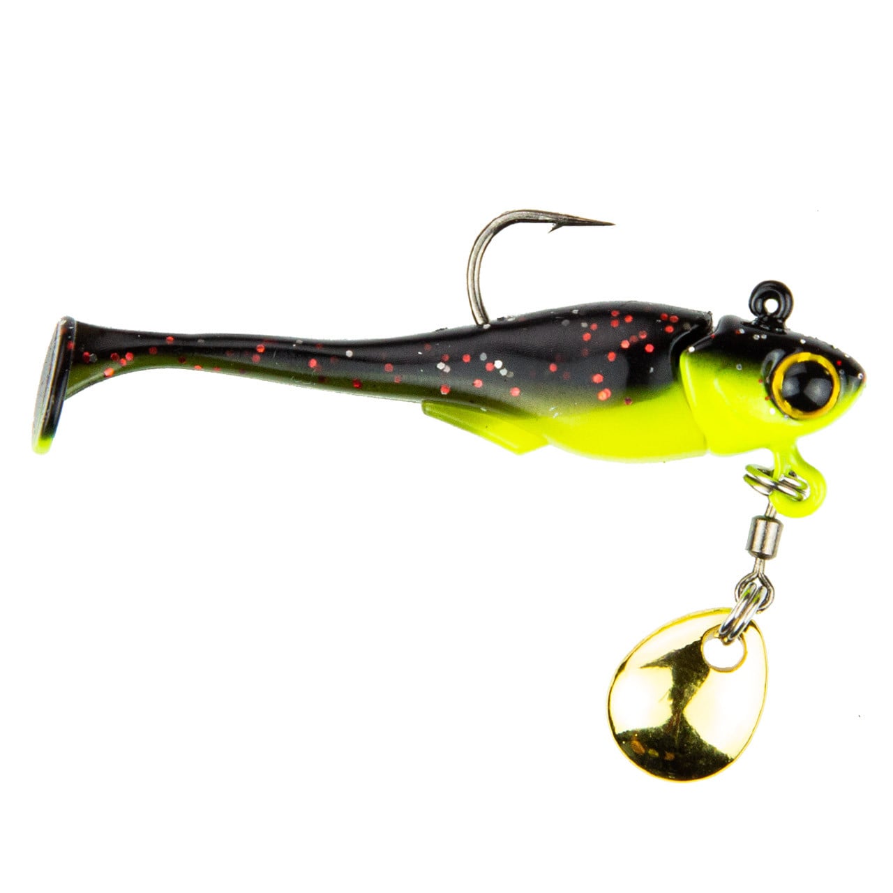 6th Sense Pecos Underspin Jig Head Black Neon color with Pecos Swimbait Attached to Jig Head