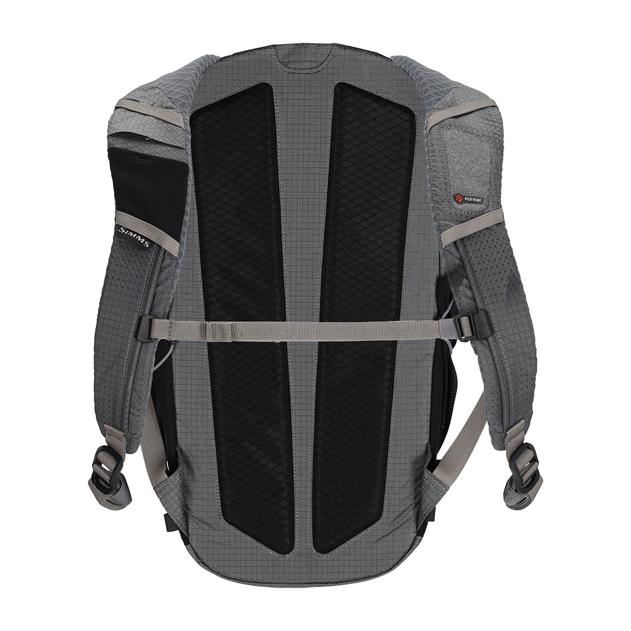 Simms Flyweight Backpack back showing harness system with loop patch for fly storage and tool docking station