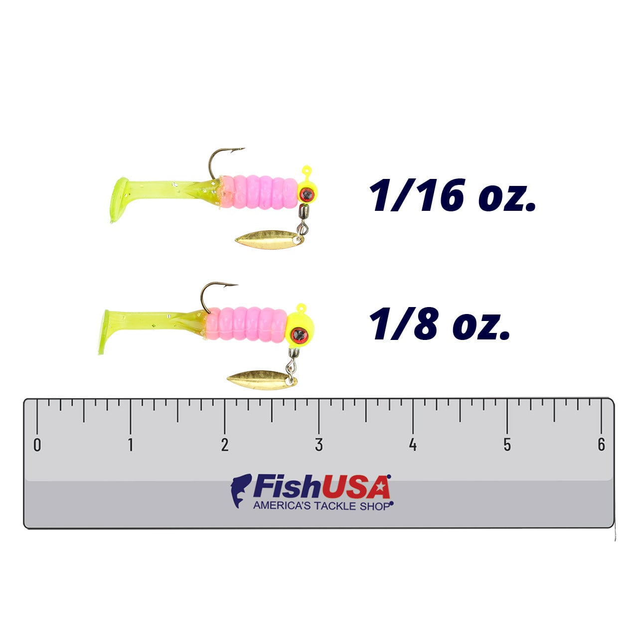 Mr. Crappie Sausage Head Spins Pre-Rigged Slabalicious color Electric Chicken size 1/16 oz. and 1/8 oz. with FishUSA ruler for size comparison