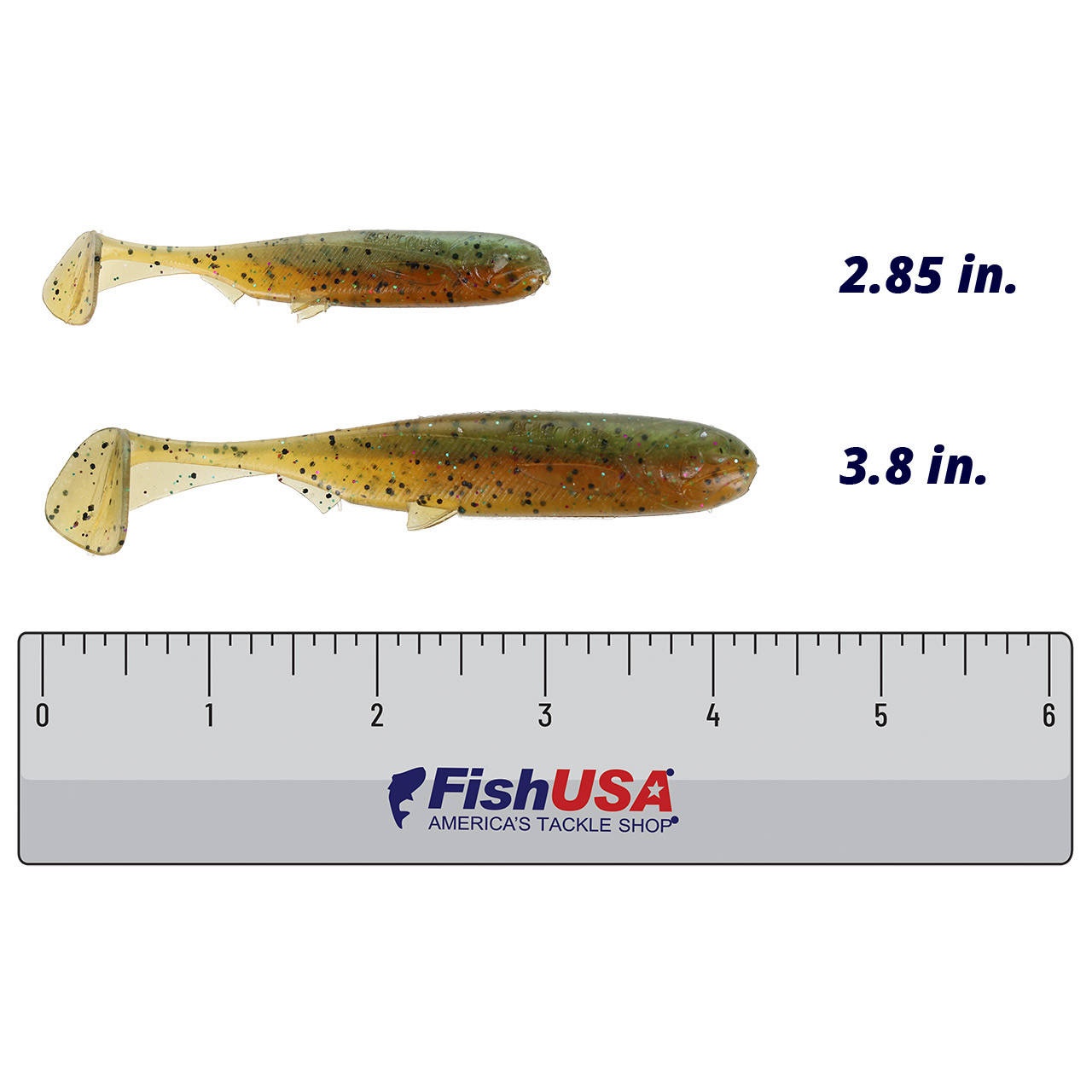 Beast Coast Slowflow Swimbait color Dope Gill in both sizes (2.85 in., 3.8 in.) above a 6 inch FishUSA ruler