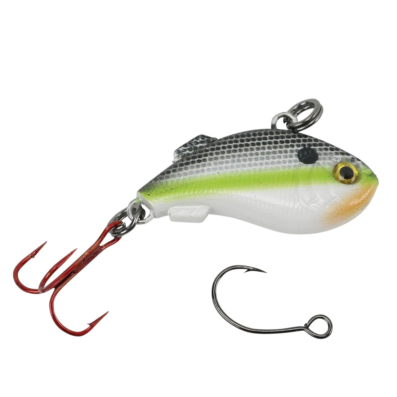 Kenders K-Rip Mini Vibe Bait color Fry with its attached treble hook and the extra single hook