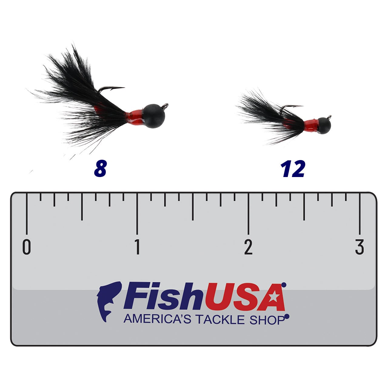 Kenders Tungsten Akua Flare Jig Black/Red in both sizes (8, 12) above a 3 inch FishUSA ruler